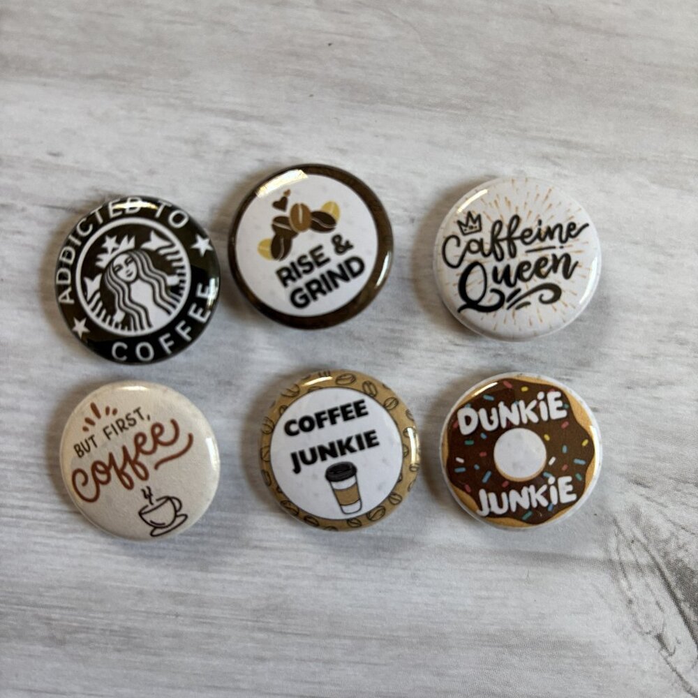 Coffee Lover Pinback Button Set  1" Caffeine Pins | Rise & Grind